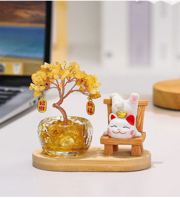 招財貓水晶招財樹擺件 療癒系招財裝飾 辦公室桌面擺設, 福到招財貓+發財樹+底座
