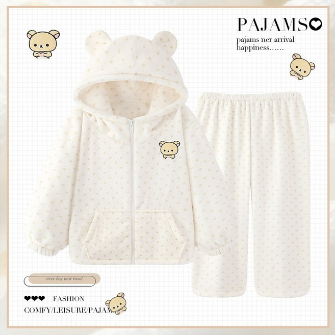 화이트 도트 코리락쿠마 수면 잠옷 곰돌이 후드집업 도톰한 겨울 긴팔 긴바지 빅사이즈 잠옷