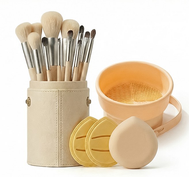 미니멜로 프리미엄 올인원 메이크업 브러쉬 12종 세트 퍼프3p 세척통, 1개, 옐로우