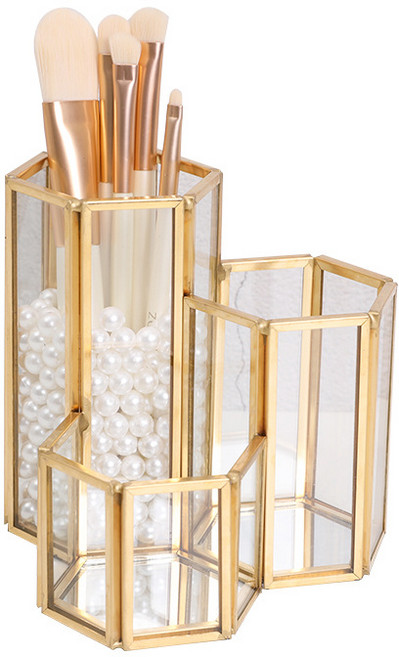 골드 프레임 육각 3구 메이크업 브러쉬 꽂이, 1개