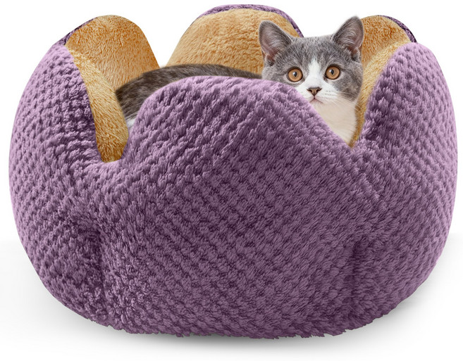 Spring Blossoms-플러시 선인장 반려동물 침대 --- 편안한 도넛형 고양이/강아지 침대로 베개가 포함된 따뜻한 강아지 집입니다., 1개, 보라색