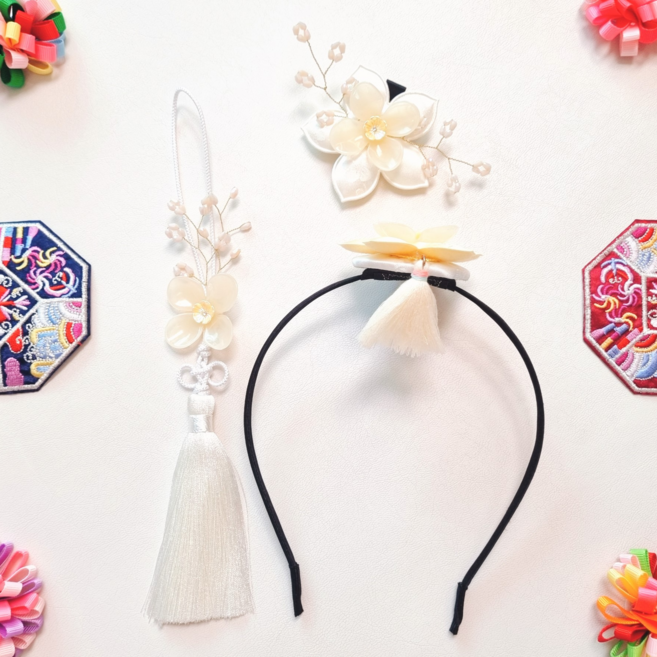 BEEU 비유 수국 한복 머리띠+머리핀+노리개 세트 / 명절 설 추석 돌잔치 결혼식 국악 여성 여아 성인 한복 노리개 머리띠 머리장식 장신구 헤어장식 헤어악세사리 집게핀 헤어핀