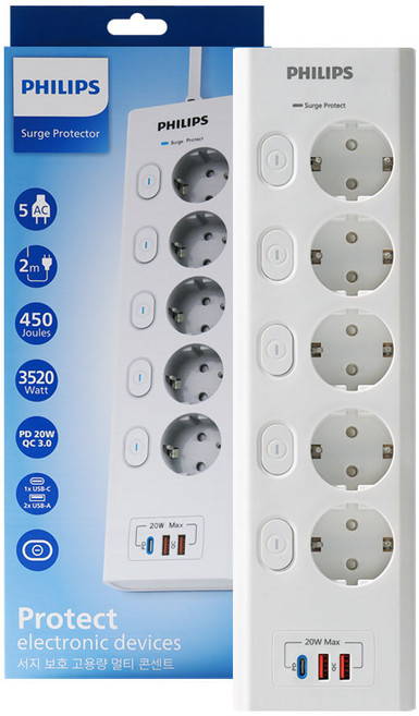 필립스 맥스 서지보호멀티탭 고용량 개별스위치 고속충전, 1개, 화이트 5구 CHP6752WA, 2m