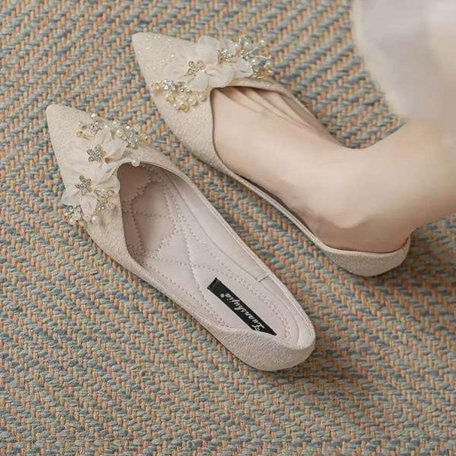 웨딩플랫슈즈 큐빅 보석 꽃장식 스틸레토플랫 드레스 빅사이즈 파티