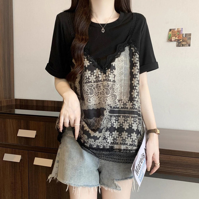 ROYALBELLE 여성 레이스 레이어드 루즈핏 캐주얼 데일리 반팔 티셔츠 U02031312