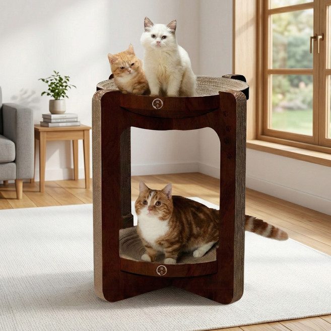 네코이찌 대형 침대 캣타워 고양이 원형 2단 스크래쳐, 다크브라운, 1개