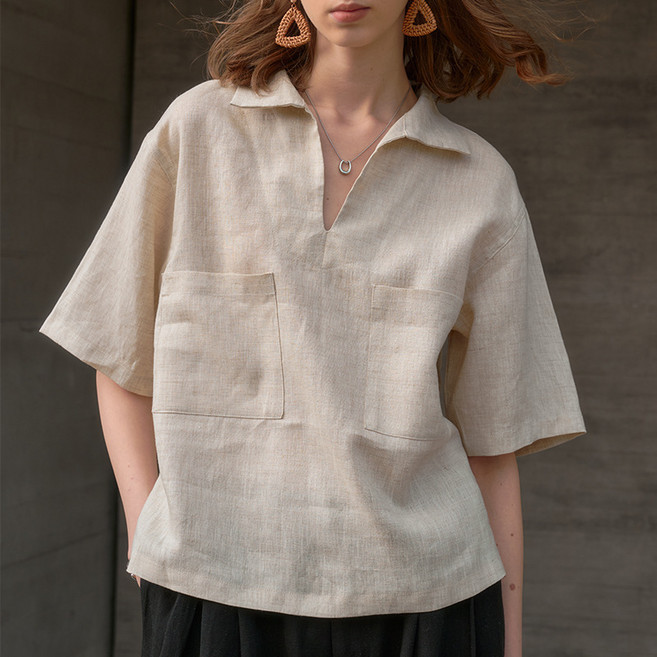 【高端廓形】亞麻襯衫 女裝襯衫 短袖襯衫 寬鬆襯衫 歐美襯衫 V領翻領設計 透氣亞麻面料 夏季休閒度假 時尚百搭