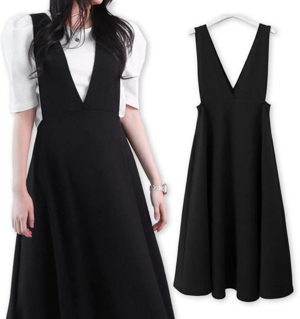 메리앤유 캐주얼 브이 라인 멜빵 스판 롱 플레어 원피스