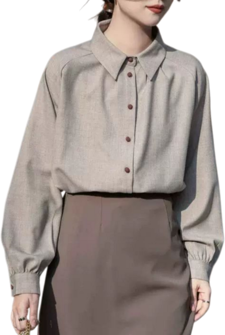 Makone 여성 봄 가을 래글런 슬리브 셔츠 루즈핏 벌룬 소매 솔리드 블라우스