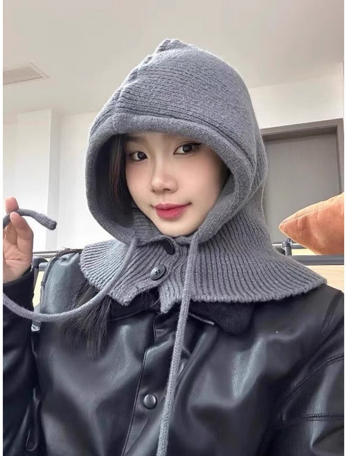 針織毛線巴拉克拉法帽 冬季一體帽披肩圍脖 韓版護耳套頭帽
