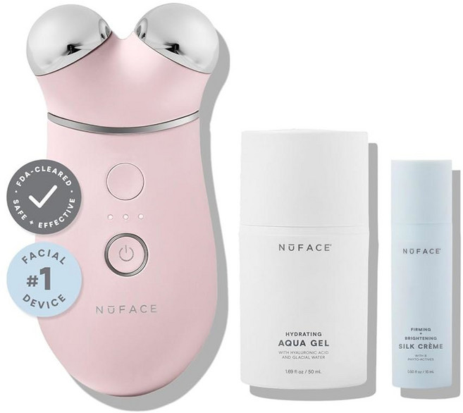 NuFACE 트리니티 마이크로커런트 페이셜 디바이스 키트 - 뺨과 눈썹을 윤곽으로 하는 얼굴 조각 및 목 장치 승인 젤 활성제 실크 크림 샌디 로즈, 3 TRINITY+ Starter Kit - Sandy, 50ml