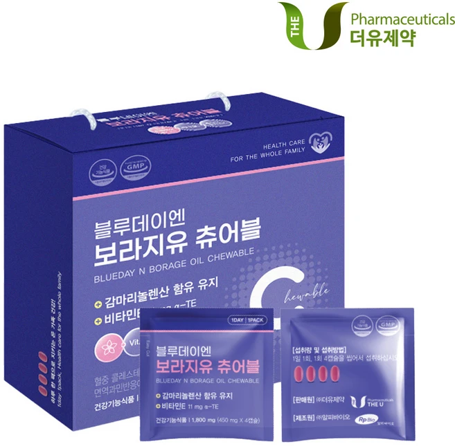 더유제약 블루데이엔 감마리놀렌산 월경전증후군 보라지유 츄어블 1 800mg x 30포, 1개, 30정 - 쿠팡