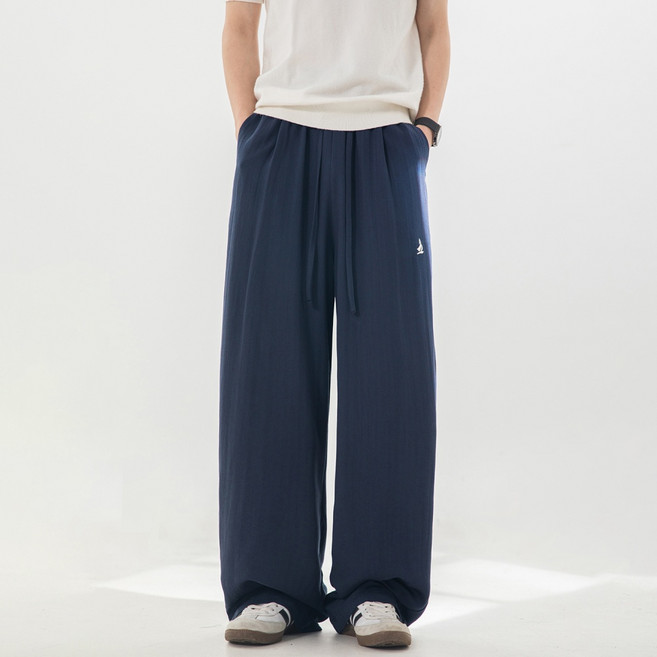 HANYO 남성용 시원한 린넨라이크 통기성 와이드 스트레이트 밴딩 팬츠 통바지