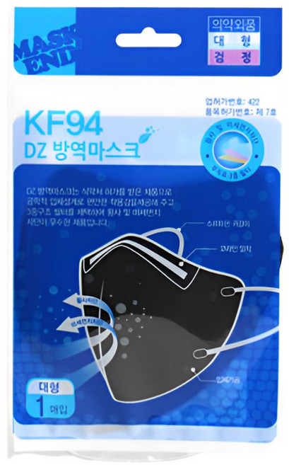 방역마스크 kf94 1개입 황사마스크 KF94 대형 호흡기, 1개, 블랙