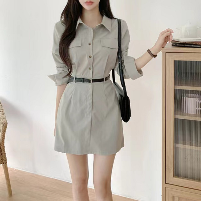 예쁨시전 [벨트세트] 캠퍼스룩 모던 뒷밴딩 긴팔 셔츠 미니 원피스