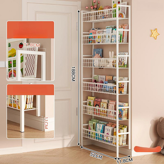 선반 수납장 책장 문뒤선반 공간정리 슬림, 1개 (스틸제-두꺼워짐)6단-52x11.8x188cm(, 도톰형 넓은형 52x11.8x188cm