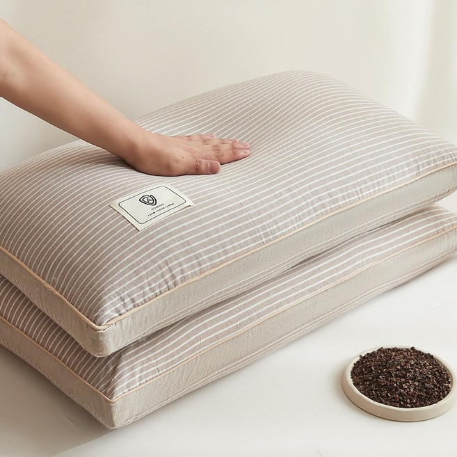 DFMEI 新款全棉草本蕎麥枕枕頭純棉蕎麥殼單人宿舍硬枕芯帶枕套護頸椎枕, 1件, 日式全棉蕎麥枕-紳士灰