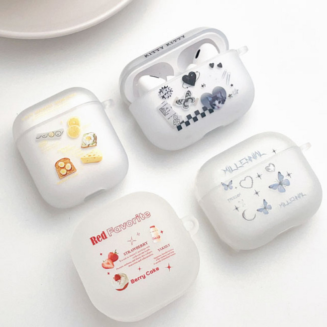 콜라주 투명 물결 실리콘 무광 키링 에어팟 갤럭시 케이스, 레드, 갤럭시 버즈2/프로2/라이브, 투명 케이스만, 1개