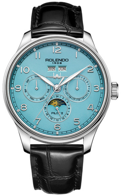 호환 롤렌도 남성용 오토매틱 시계 43mm 문페이즈 표시 달력 및 요일 가죽 스트랩 50m 방수 클래식 디자인, [02] Glacier Blue