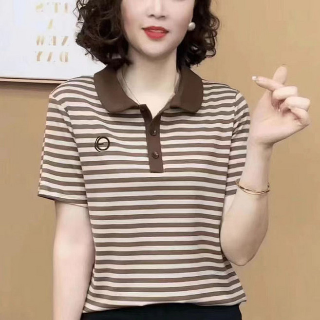 JUSTFEELING M-4XL 중년여성 반팔티 줄무늬 카라넥 풀오버 날씬해보이는 4050대 엄마옷 반팔 티셔츠 심플 상의티