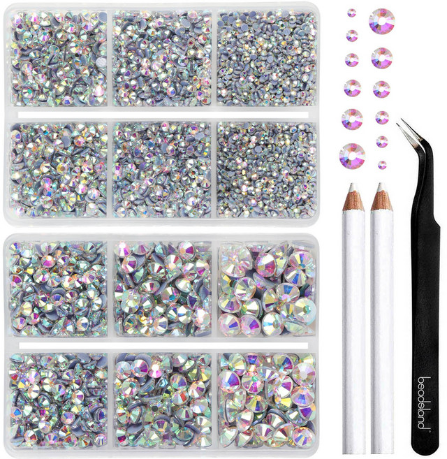 Beadsland(비즈랜드)핫픽스 라인석 옷 공예용 라인석 펜슬과 핀셋이 포함된 6가지 사이즈 혼합 키트, 1세트, 크리스탈AB