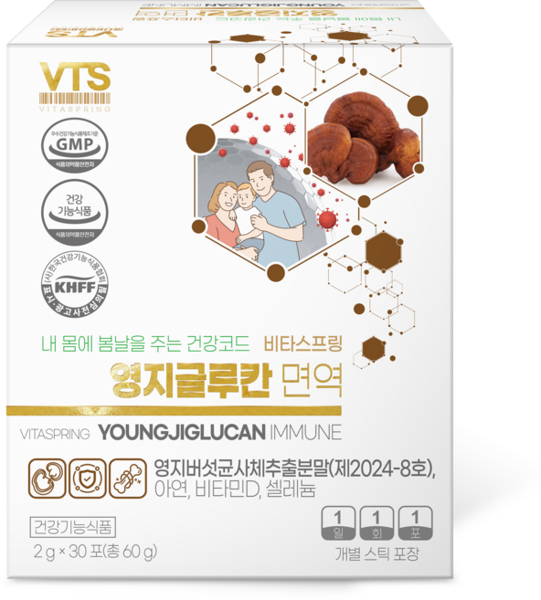 비타스프링 영지글루칸 면역 30포 베타-1 3/1 6-D 글루칸 200MG 아연 비타민D 셀레늄 함유 IFBB PRO 최한진 선수 추천제품, 1박스, 30회분