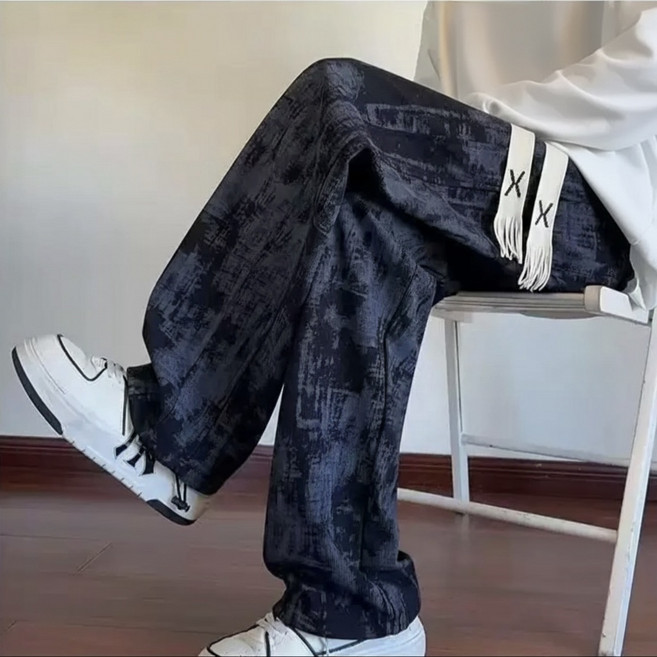 남녀공용 패턴 와이드핏 밴딩 스트링 트레이닝 바지