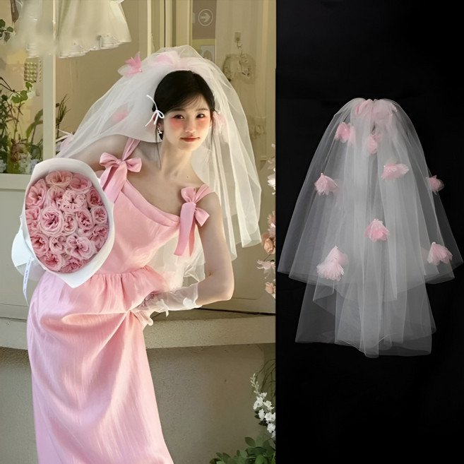 벨로라 꽃 웨딩 2단 베일 리본 장갑 세트 브라이덜 촬영용 소품