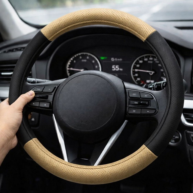 아리스랩 자동차 핸들커버 논슬립 가죽 투톤, 베이지+블랙