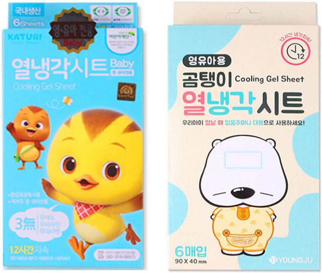 캐릭터 영유아 열냉각시트 해열용품 엄마까투리 곰탱이, 엄마까투리 파랑1개+곰탱이1개, 1세트, 6매입