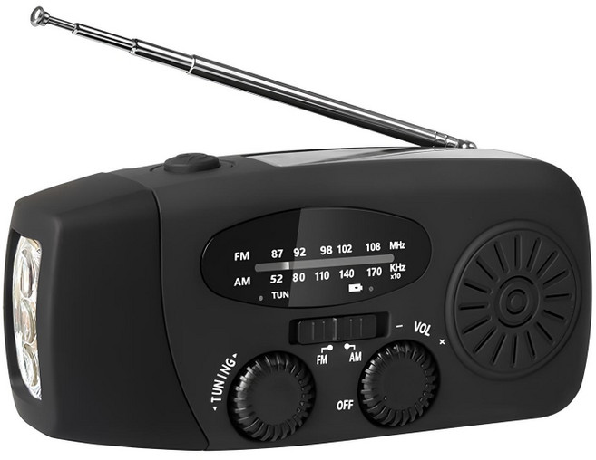 SUKI 태양열 휴대용 소형 핸드크랭크라디오 스피커 자가발전손전등 LED 랜턴 보조베터리, 블랙