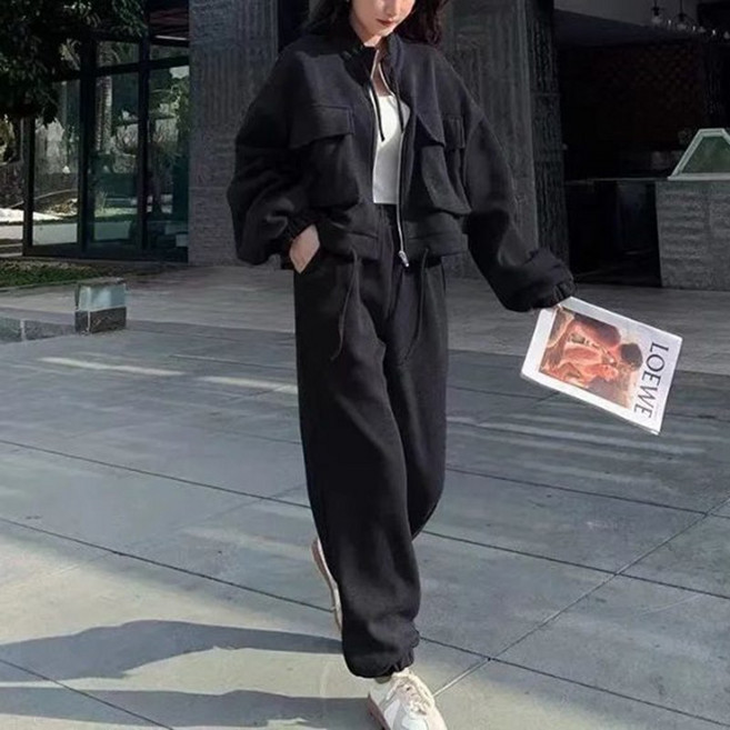 슬림소녀 여성운동복세트 집업 재킷 루즈핏 솔리드 상하의 세트