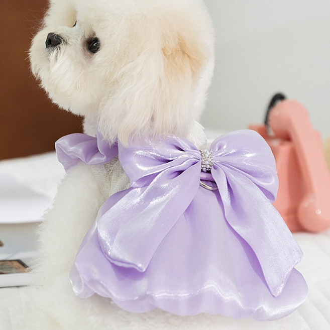 숑숑펫 새틴 레이스 라인 공주 리본 애완동물 원피스, 1개, 퍼플