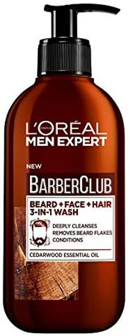 유럽 로레알 맨 엑스퍼트 바버 클럽 3-in-1 수염 헤어 및 세안 200ml 헤어케어, 1개
