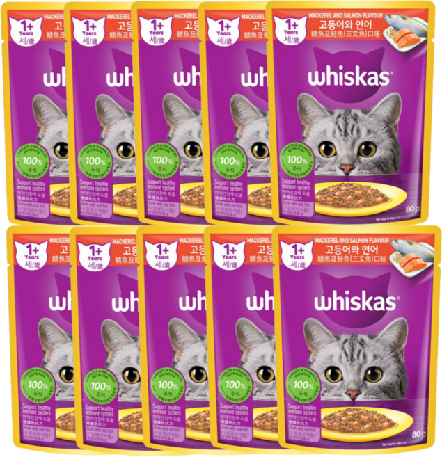 위스카스 고등어와연어 1세이상 습식 사료, 닭+연어+고등어, 80g, 10개