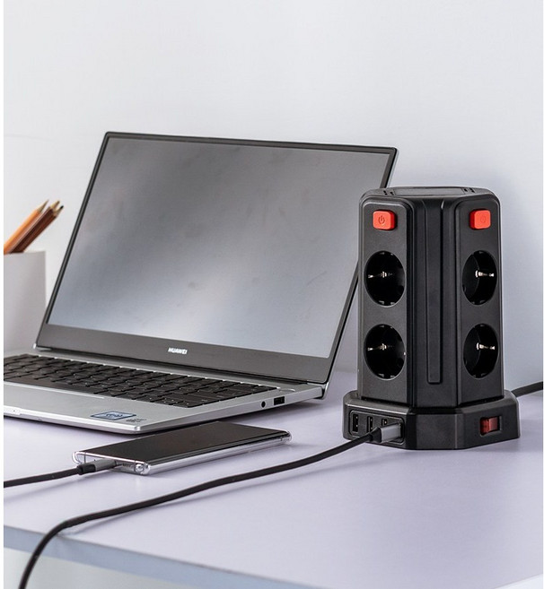 과부하 보호 USB 타워 멀티탭 - KC 인증 접지 안전 대용량 멀티탭 케이블 관리 가능 내부 아름다운 디자인 소켓, 블랙, 1개, 3m