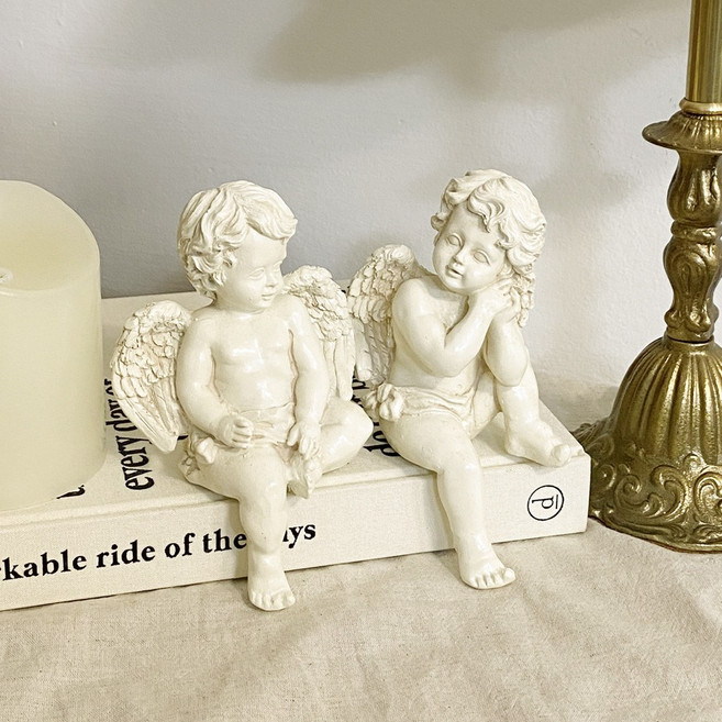 앉아있는 아기 천사 석고상 인형 2p 오브제 조각상 세트