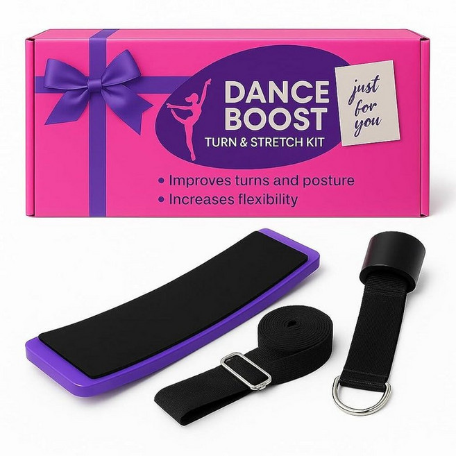 Dance Boost 발레 턴 및 스트레치 키트 - 발레 댄서 체조 선수 및 치어리더를 위한 터닝 보드 + 도어 레그 스트레처 - 유연성 균형 및 회전 향상 - 소녀 청소, 퍼플