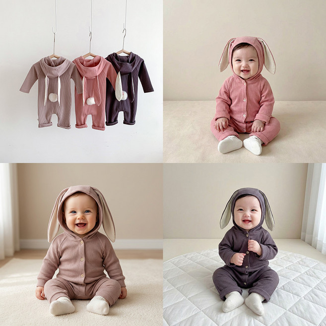 로이앤한나 토끼 골지 면 긴팔 아기 남아 여아 후드 우주복