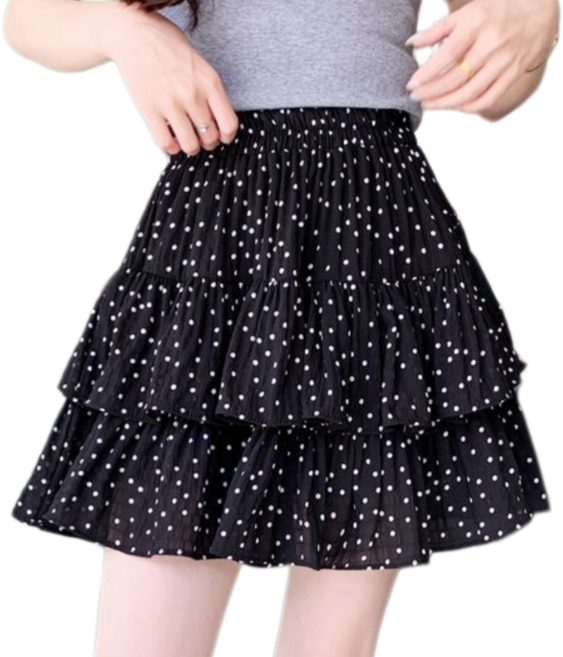 Makone 여성 하이웨이스트 도트 프린트 캐주얼 캉캉 짧은 치마 심플 데일리 프릴패치 미니 스커트 허리밴딩 스쿨룩