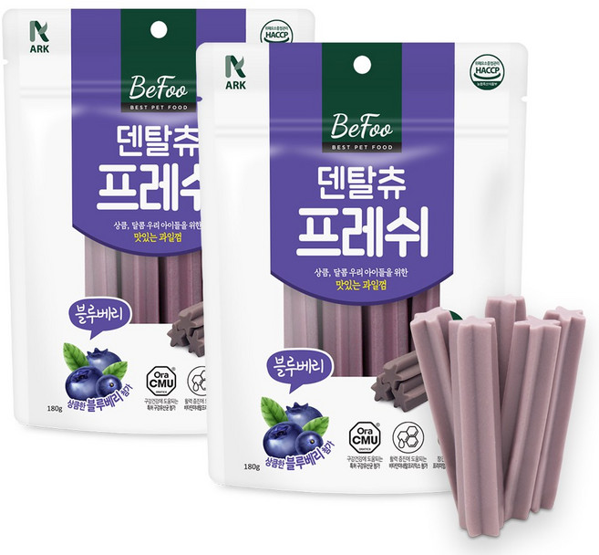 베푸 덴탈츄 프레쉬 스틱 강아지 애견껌, 2개, 180g, 블루베리맛