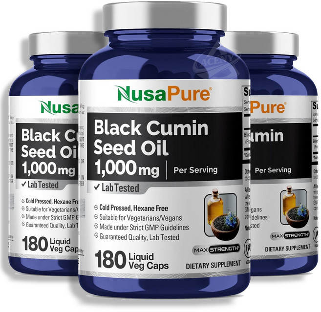 NusaPure 누사퓨어 블랙 커민 씨드 Cumin Seed 오일 1000mg 180캡슐, 180정, 3개
