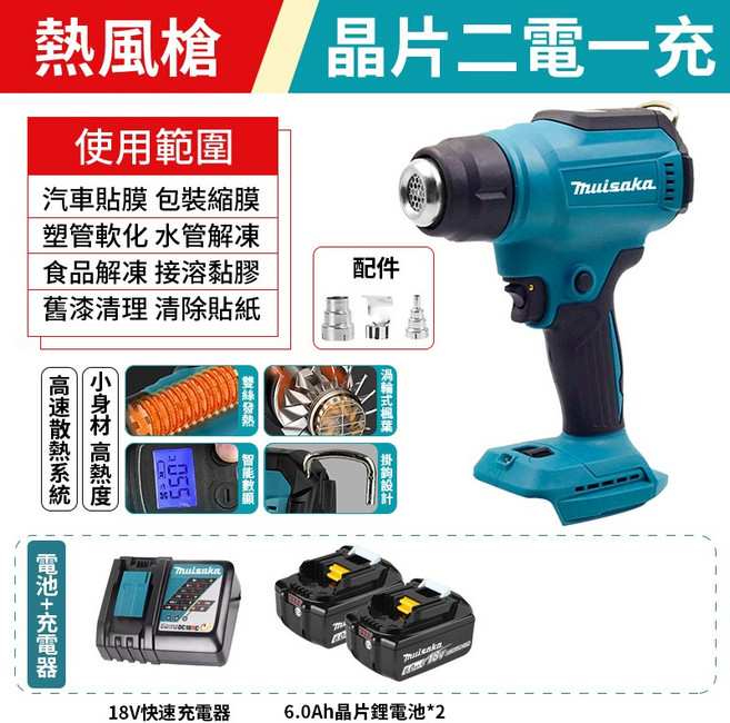 Thuisaka 數顯大功率熱風槍, 1個, 熱風槍+原廠電池x1+單充+三件套,加工具箱