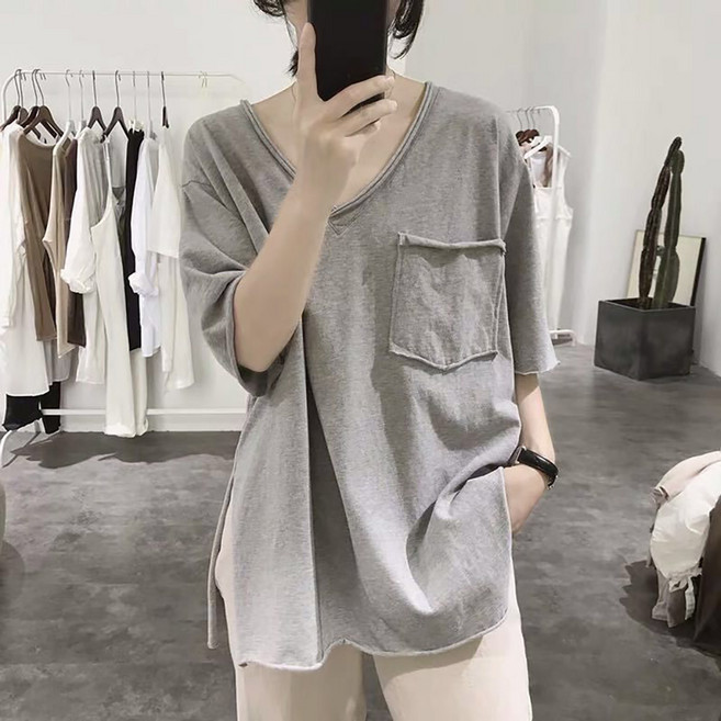 여성 여름용 면티 브이넥 루즈핏 디자인 옆트임 롱티셔츠 캐주얼 상의 HH0599