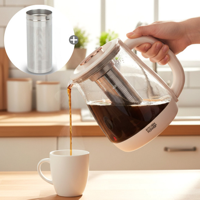 [26년형] 키친플라워 유리 전기 커피포트 무선 주전자 티 홈카페 1.8L, 1개, 핑크