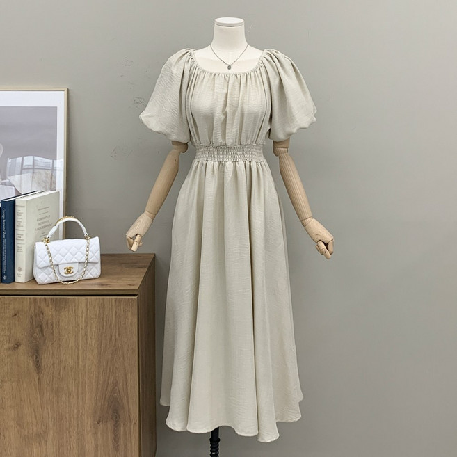 [행복여] 리온 넥 셔링 벌룬 소매 밴딩 플레어 원피스