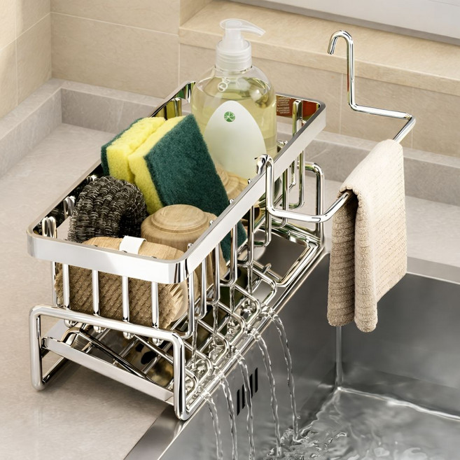 코지드 스테인레스 수납형 물빠짐 수세미 거치대, 실버, 1개