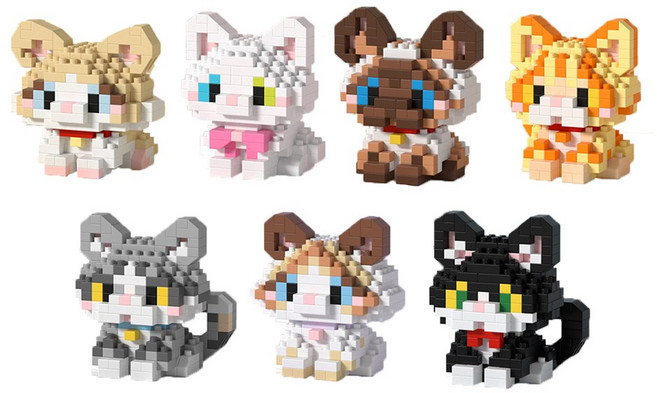 미니 고양이 캐릭터 나노블럭 조립 피규어 7종 세트 DIY 장난감 SC04, 1세트, 혼합