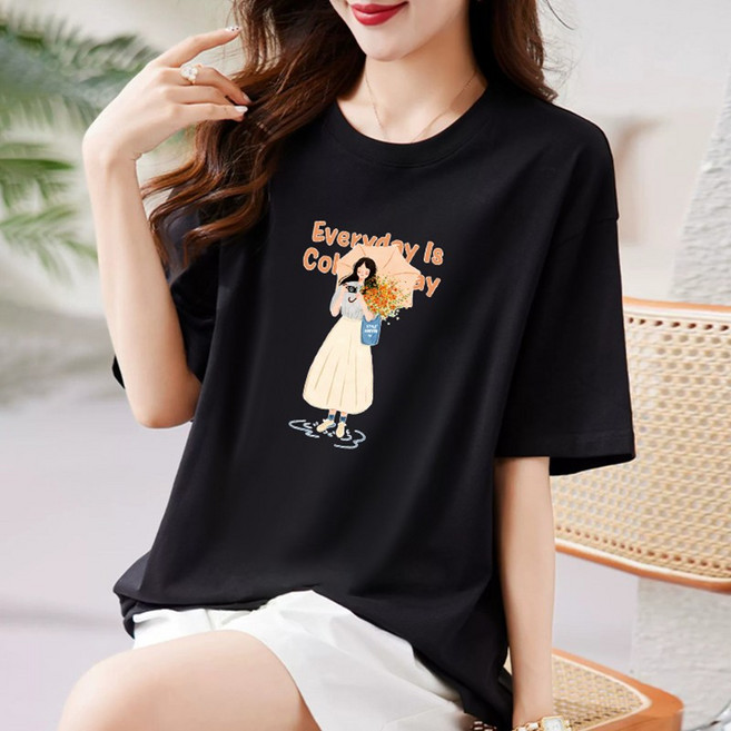 스타일아유 우유실크원단 박스 핏 코디 쉬운 티셔츠 트렌디한 여성 캐릭터 프린트 오버핏 반팔티 TS3493