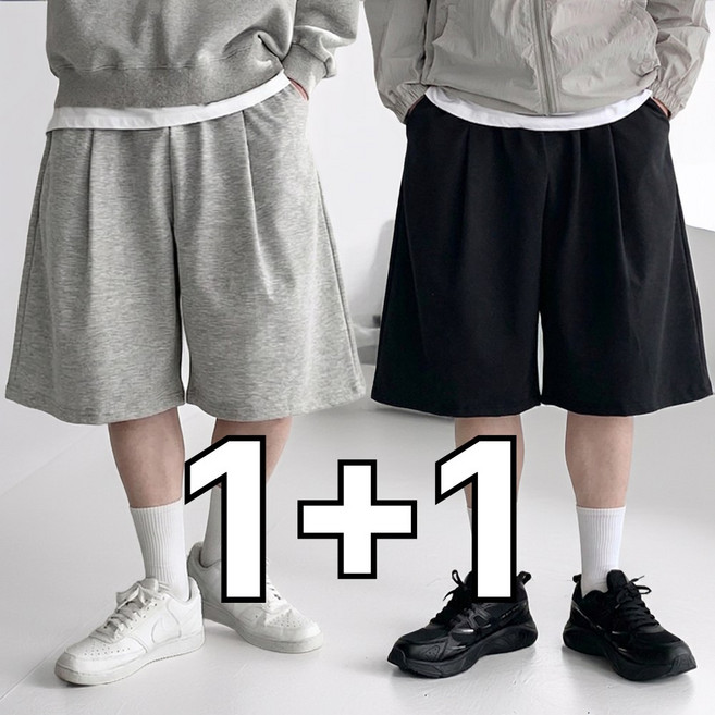 핏노블 2P 남자 버뮤다팬츠 7부 와이드 원턱 반바지 1+1
